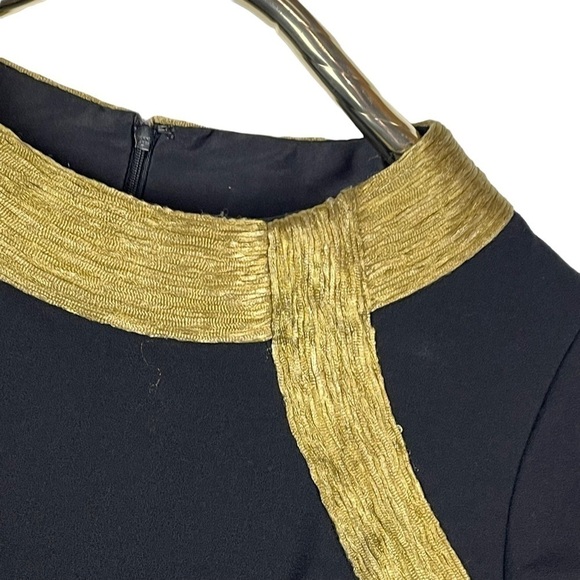 MONIQUE LHUILLIER LONG SLEEVE PIPE TRIM GOLD BLACK SHEATH COCKTAIL DRESS - Picture 10 of 13